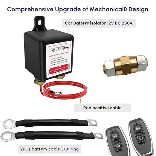 Side Post Remote Battery Disconnect Switch 12V, 250A Negative Battery Cut Off Switch Anti-Theft Kill Switch Kit Upgrade Prevent Battery Drain for Car Truck, RV Auto, Boat,Vehicle etc