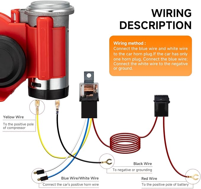 Train Horns kit for trucks,Air Horn for Motorcycle,Train Sound Car Horn Kit 12V Super Loud Electric Bull Horn(red horn with wire, 12v)