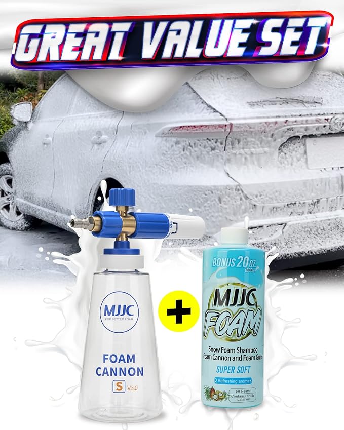 MJJC Foam Cannon S V3.0 (Thicker Snow Foam Technology) with 1/4 Inch Quick Connector for Pressure Washer Foam Soap(20 fl oz) Kit