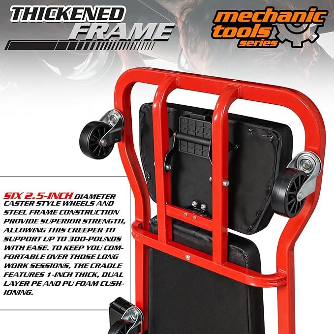 M-AUTO Heavy-Duty Automotive Creeper with 3-leves Adjustable Headrest, 42.5" Padded Metal Frame Creeper with Tools Tray for Garage Shop, 6 Noiseless Casters 300LBS Capacity, Red