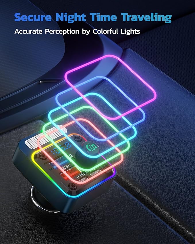 Nulaxy 54W Bluetooth 5.3 Car Adapter with 4 Charging Ports [PD 36W & QC3.0 18W], Wireless Radio FM Transmitter with Deep Bass Player & 5 Colors LED Backlit, Hands-Free Calling - Blue
