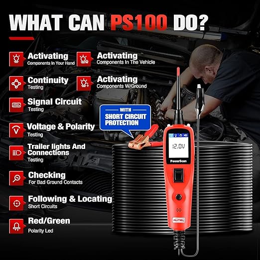 Autel PowerScan PS100 Power Circuit Probe Kit - 12V 24V Car Circuit System Diagnostic Tool, Automotive Circuit Tester with 20ft Extension Cable, Easy to Read AC/DC Current Resistance