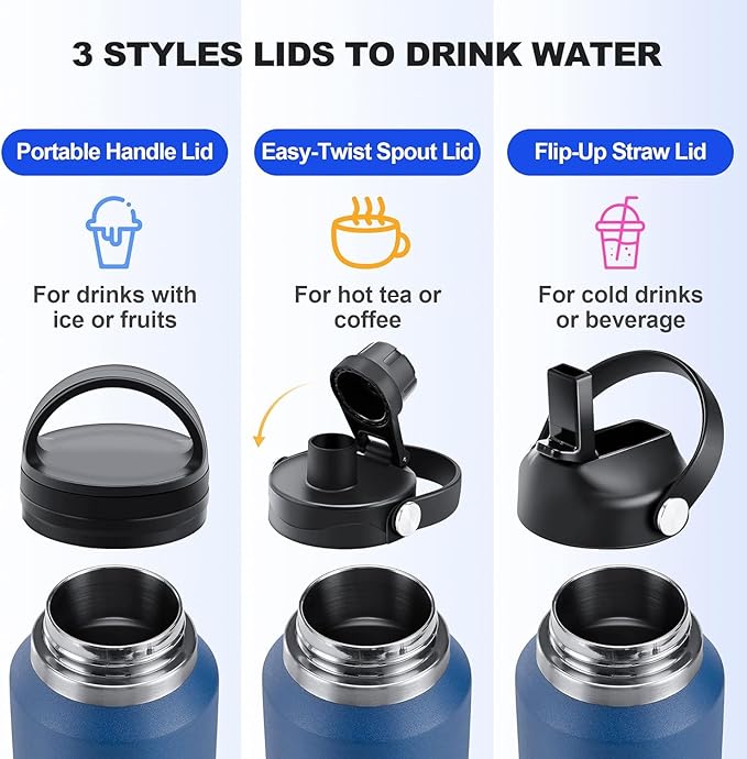 SENDESTAR 40oz Stainless Steel Water Bottle(Cold for 48 Hrs, Hot for 24 Hrs),Double Wall Vacuum Insulated Bottle with Straw Lid, Spout Lid and Flex Cap, Fit in Any Car Cup Holder