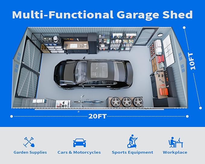 10x20 Metal Shed, Metal Garage Building with 2 Lockable Doors, Prefab Garage Shed with 4 Air Vents, Large Sheds & Outdoor Storage Clearance, Car Sheds for Truck, Tool, Lawnmower, Black