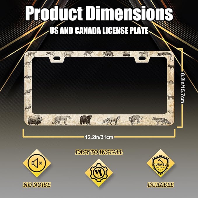 Vintage Animals License Plate Frame Animal Bear Tiger Wolf License Plate Holder Stainless Steel Funny License Plate for USA Canada 6.3" X 12.3" with 2 Holes and Screws