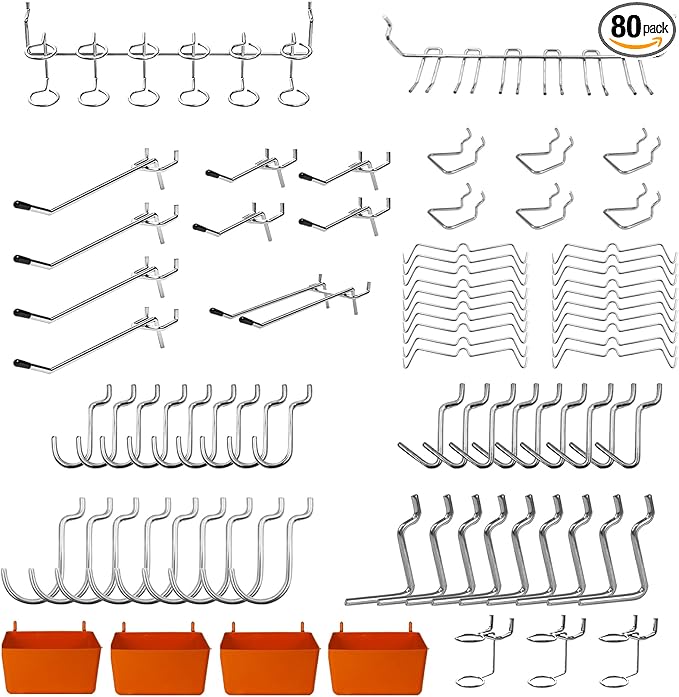 C&T 80 Piece Pegboard Hooks Assortment Kit, Pegboard Accessories Organizer Set with Bins, 1/8 and 1/4 in pegboard Hooks, for Hanging Tools, Organizing Various Tools,Garage Pegboard Wall Organization