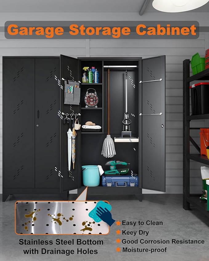 75" Metal Storage Cabinet with Lockable Doors, Functional Garage Storage Cabinet, Tool Chset Garage Organization with Hanging Rod & S-Hooks