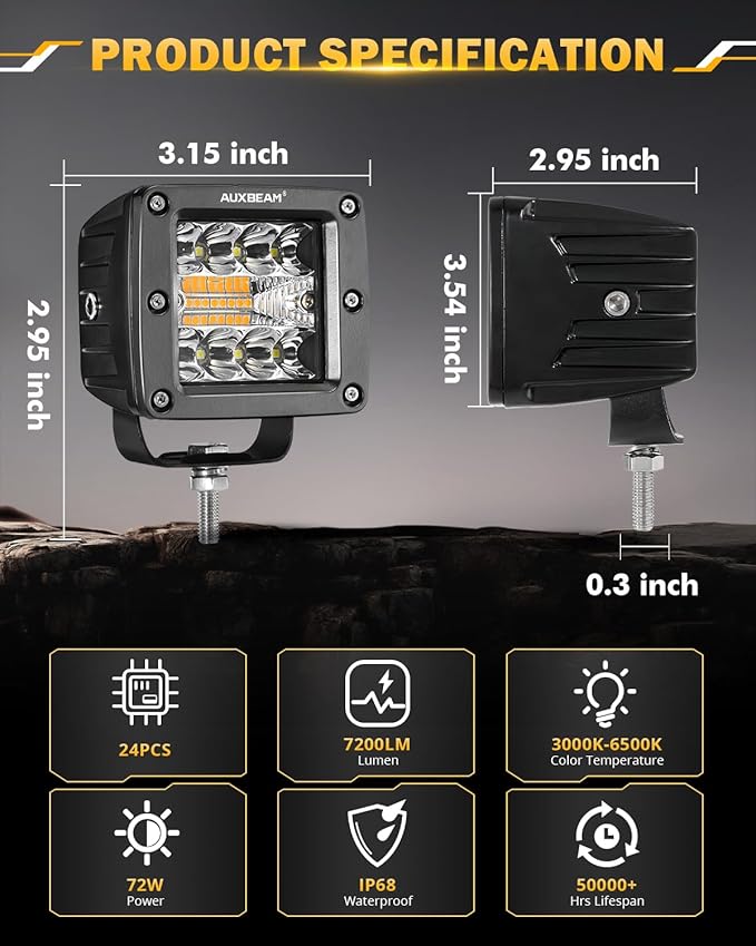 Auxbeam LED Pods 3 Inch 72W Amber Fog Light, 6 Modes Strobe Cube Pod Light Bar Dual Color Yellow Spot Flood Offroad Driving Lights Ditch Lights for Truck Car ATV