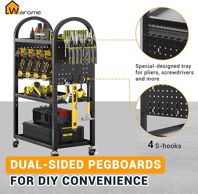 WAROME Power Tool Organizer for Garage,Heavy Duty Tools Holder Storage Rack On Wheels,Floor Standing Rolling Power Tool Cart for Storage and Organization，Father/Husband/Boyfriend/Men/Dad Gift