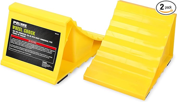 PR1ME Wheel Chocks with Non-Slip Base for RV & Trailer. 2 Pack Heavy Duty Wheel Chock with Bright Yellow. Lightweight Wheel Stoppers for Cars Camper Trucks RVs, Fit for Most Tyre Sizes