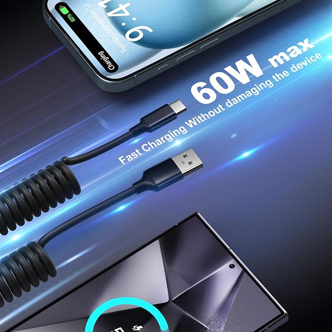 Retractable Car Charger USB C, OKRAY 78W 3-Port 12v Cigarette Lighter Adapter PD30W Fast Charging Type C Car Phone Charger & Coiled USB C Cable for iPhone 16 15 Pro, Samsung Galaxy S25 S24 A16, 2Pack