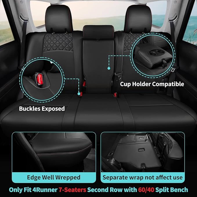 Seat Covers for Toyota 4Runner 2011-2024, Faux Leather Car Seat Cover Full Set, 3-Row-Only for 7 Seats Version-BlackRed
