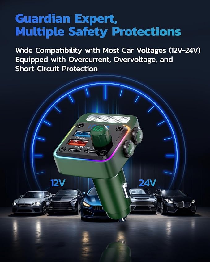 Nulaxy 54W Bluetooth 5.3 Car Adapter with 4 Charging Ports [PD 36W & QC3.0 18W], Wireless Radio FM Transmitter with Deep Bass Player & 5 Colors LED Backlit, Hands-Free Calling - Green