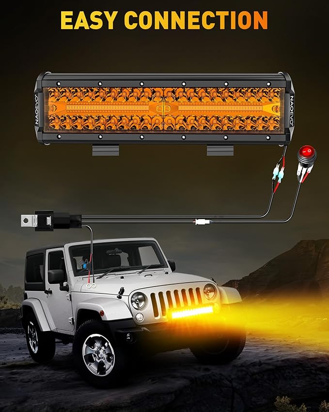 NAOEVO 12 Inch LED Light Bar, 300W 30000LM LED Offroad/Driving/Fog Lights with Wiring Harness Kit, Spot Flood Work Lights for Truck UTV ATV Golf Cart Boat, 1 Pc (Amber)