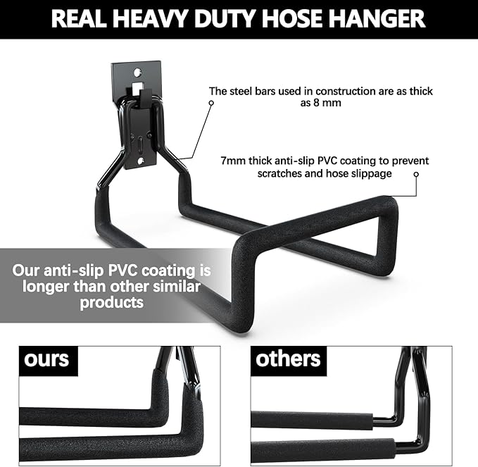 3-H Garden Hose Holder Wall Mount 2 Pack,Solid Steel Hose Hanger wih Extension Strap,Water Hose Holders for Outside to Hang Outdoor Air Hose,Ropes,Pipes,Power Tools,Ladders,Bikes,Bulk Items
