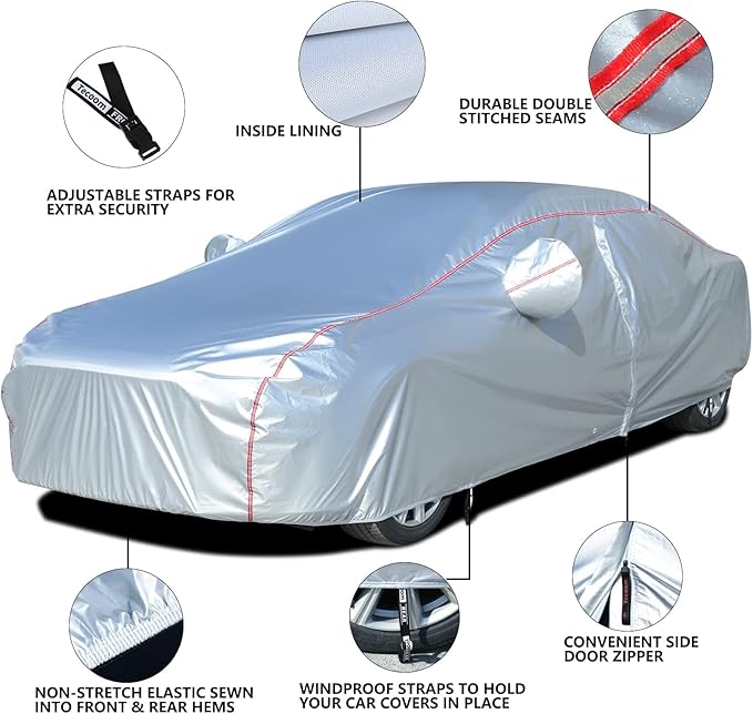 Tecoom Hard Shell Oxford Material Door Shape Zipper Design Waterproof UV-Proof Windproof Car Cover for All Weather Indoor Outdoor Fit 160-172 Inches Hatchback