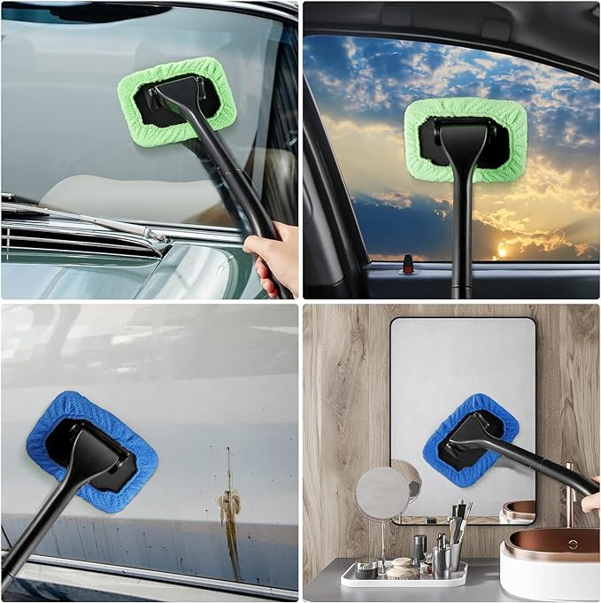 Windshield Cleaning Tool Windshield Cleaning Wand Auto Window Cleaner,5 Pieces Reusable Cloth Pads for Car Interior, Dirty Car Washing Brushes (Blue)