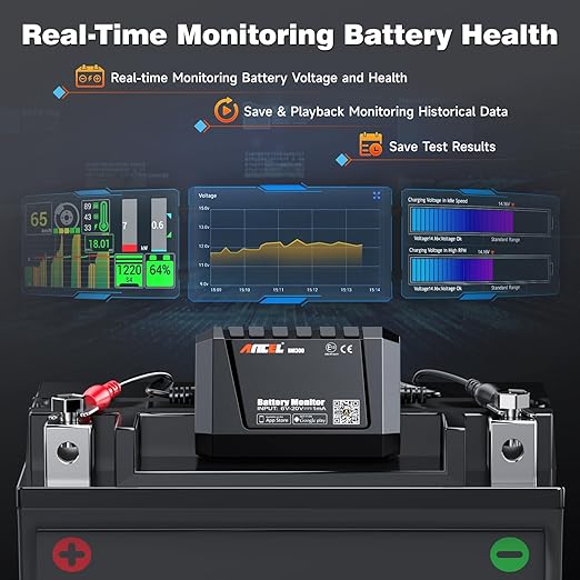 ANCEL BM300 12V Battery Monitor, Bluetooth 4.0 Automotive Voltmeter with Charging, Cranking System Test & Alarm - Compatible for Solar Power Systems, RVs, Motorcycles, Boats, Cars, and Trucks