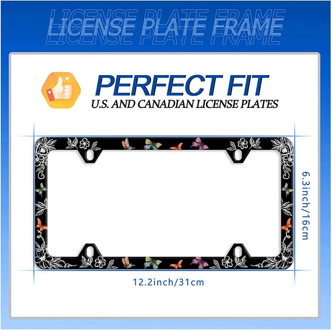 Butterfly License Plate Frame Wild Flower License Plate Holder Stainless Steel Women Colorful Car Accessory Decoration