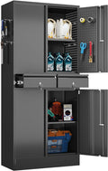 71" Metal Garage Storage Cabinet with 8 Hooks and Pegboards,2 Drawer Tool Storage with Locking Doors and Adjustable Shelves,Heavy Duty Steel Tool Cabinet for Garage, Warehouse
