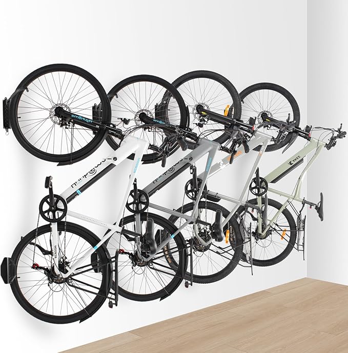 MILADO Wall Bike Rack, Swivel Bike Wall Mount for Garage, 150° Space Saving Vertical Bike Hangers for Storage, Hanging Bike Rack Holds Up to 66lbs, Easy to Install, 4 Pack, Black