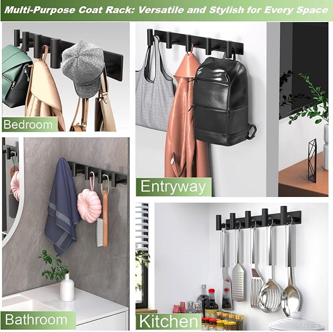 Coat Rack Wall Mounted with 5 Hooks,Metal Wall Hooks for Hanging Towel Coat Bag, Stainless Steel Coat Hooks Hat Rack Coat Hanger Towel Hooks for Entryway Bathroom Kitchen (Black, 2 Packs)