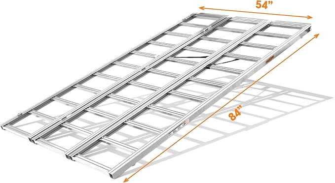 Rockland Tri-Fold Aluminum Loading Ramp, 84" x 54", 1500 LBS Loading Capacity, Portable Ramp for Motorcycles, Ebikes and ATVs, with 2 Safety Straps Included
