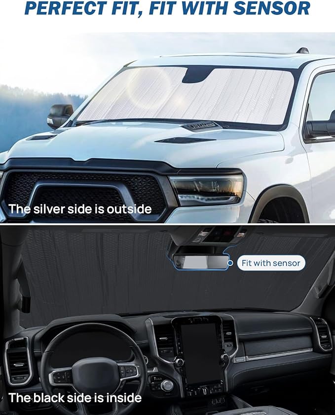 Windshield Sun Shade Compatible with Ram 1500 2500 3500 2019 2020 2021 2022 2023 2024, Sunshade Car Windshield Sun Visor, Foldable Windshield Sun Shield
