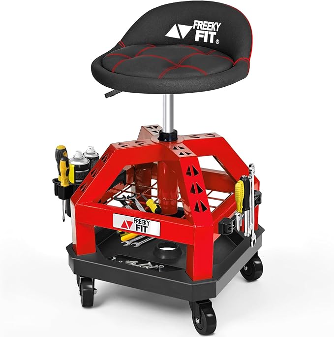 Rolling Shop Stool for Garage with Casters, DO02-Adjustable Height 360° Swivel Shop Seat with Tool Tray Storage, 330 LBS Capacity Padded Mechanic Stool, Magnetic Tool Hold, Heavy Duty, Red