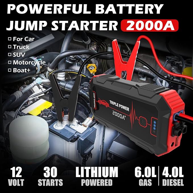 Car Jump Starter 2000A Peak (for up to 6.0L Gas or 4.0L Diesel Engine) 12V Car Battery Booster Pack, Portable Battery Starter, Power Bank Charger with Built-in LED Bright Light