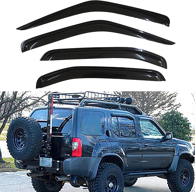 Set of 4 Front+Rear Smoke Sun/Rain Guard Outside Mount Tape-On Acrylic Window Visors Compatible with 00-04 Xterra