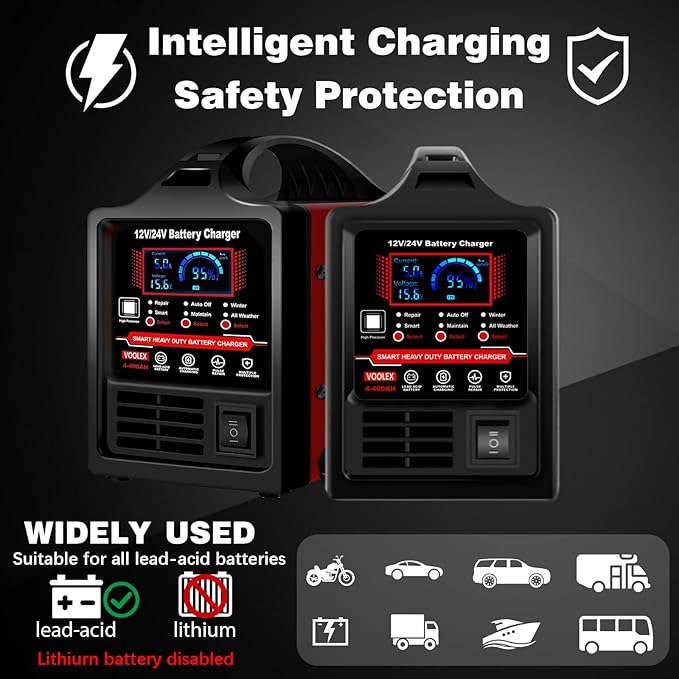 Voolex Car Battery Charger 12V 24V Portable Automotive Trickle Charger Battery Maintainer for AGM Car Truck Motorcycle RV Deep Cycle Repair, Winter Mode(for Lead Acid Batteries)