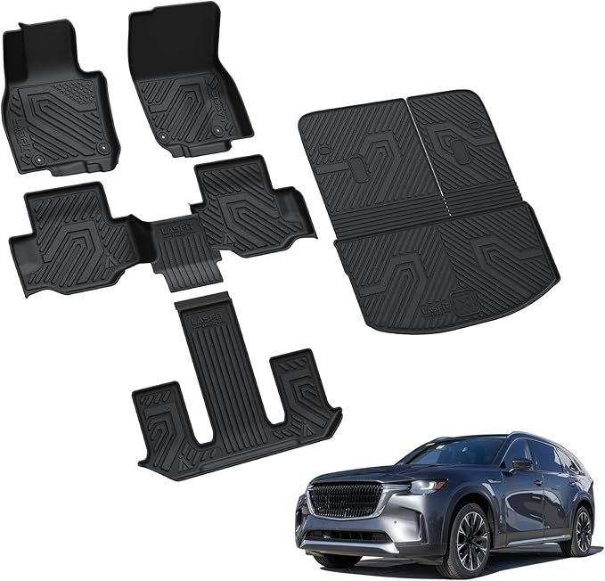 LASFIT Floor Mats & Backrest Mats & Cargo Mats for Mazda CX-90/CX-90 PHEV 2025 2024 7 Seats with 2nd Row Bucket Seats, All Weather TPE Custom Fit Floor Liners for CX-90/CX-90 PHEV Car Mats