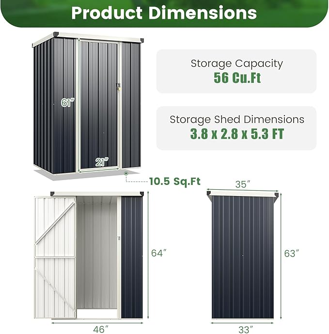 Goplus 3.8 x 2.8 FT Storage Shed Outdoor, All-Weather Steel Utility Storage House w/Lockable Door, Snap-on Arrow Leaning Organizer, Bike Tool Garden Sheds for Yard Lawn Patio