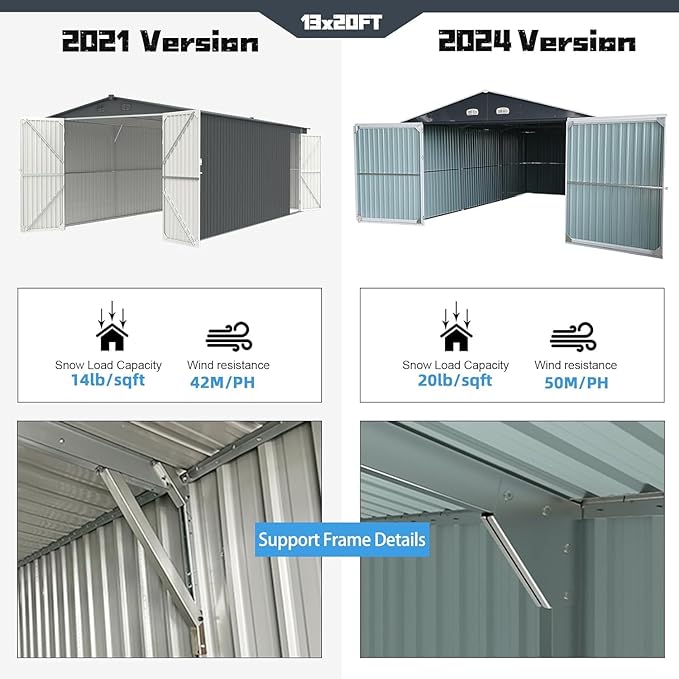 LANTRO JS Sheds & Outdoor Storage, 13x20ft Large Outdoor Metal Garage Shed, Heavy Duty Metal Shed with 2 Doors and 4 Vents Without Floor