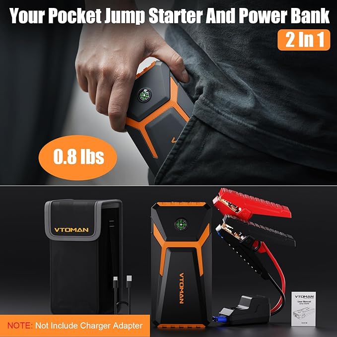 VTOMAN V6 Pro Jump Starter, 2000A Car Battery Jumper Starter Portable for 7L Gas/5L Diesel Engines, Jump Box,12V Auto Jump Start Battery Pack, Lithium Booster Pack, Portable Charger and Jumper Cables