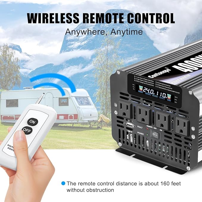 4000 Watt Power Inverter, Car Inverter 24V DC to 110V/120V AC Converter with LCD Display, 4 AC Outlets, USB Port & Remote Controller for RV, Truck, Off-Grid Solar System