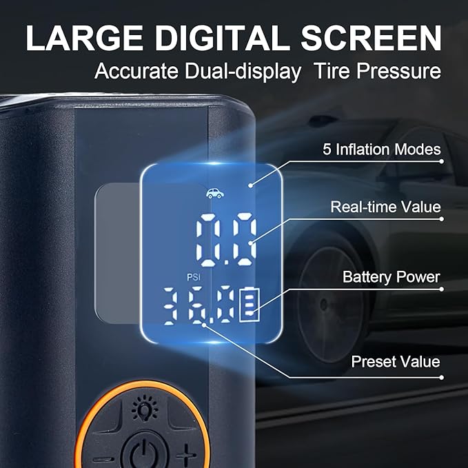 Tire Inflator Portable Air Compressor Cordless Rechargeable Mini Air Pump, with Digital Pressure Gauge & LED Lights, 150PSI Max Tire Pump for Motorcycles Bikes Cars Balls