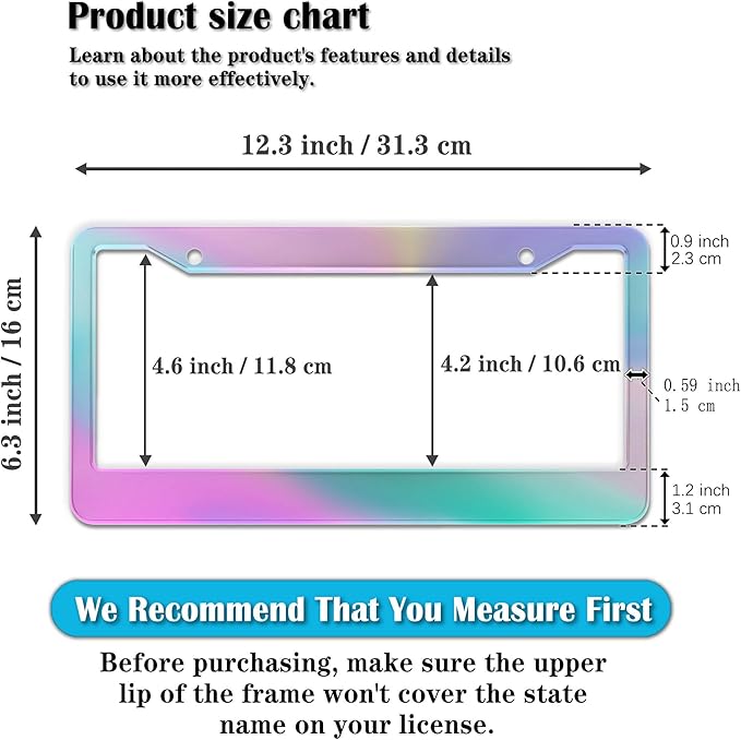 License Plate Frame Holder Rainbow License Plate Frames for Women Iridescent Women Universal Aluminum Car Accessory 2 Pack with Screw Covers Set