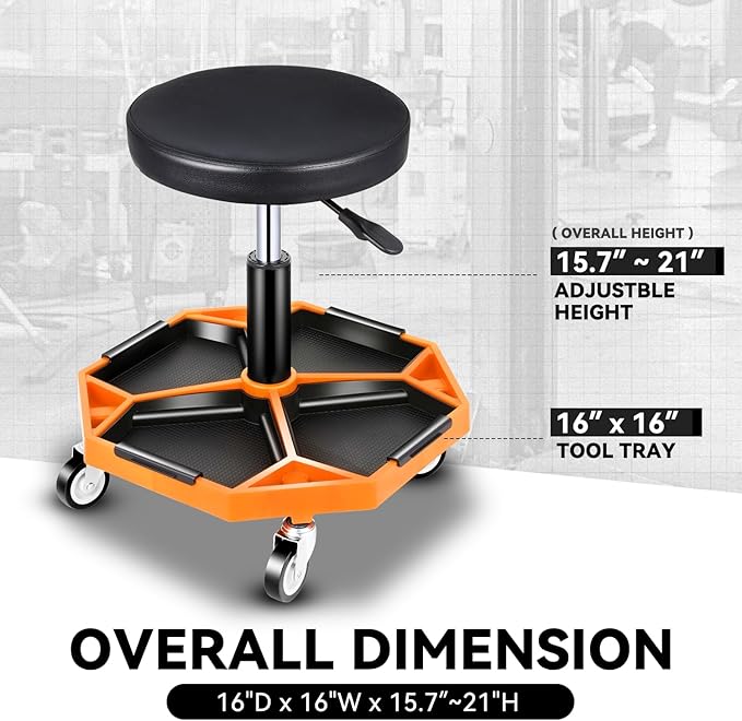 Auto Dynasty Mechanic Stool, Adjustable Rolling Pneumatic Creeper Garage Shop Seat with Tool Tray, 300 LBS Roller Seat for Workshop Auto Repair, Adjustable Height 15.7" to 21", Orange