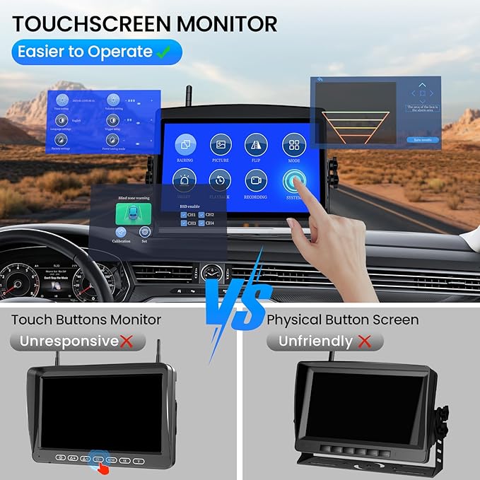 RV Backup Camera, Vehicle Backup Cameras with 7-Inch Touchscreen Monitor, Wireless HD 1080P, 4-Channel System, IR Night Vision, Waterproof Rearview Camera for RV, Truck, Van, SUV, Trailer