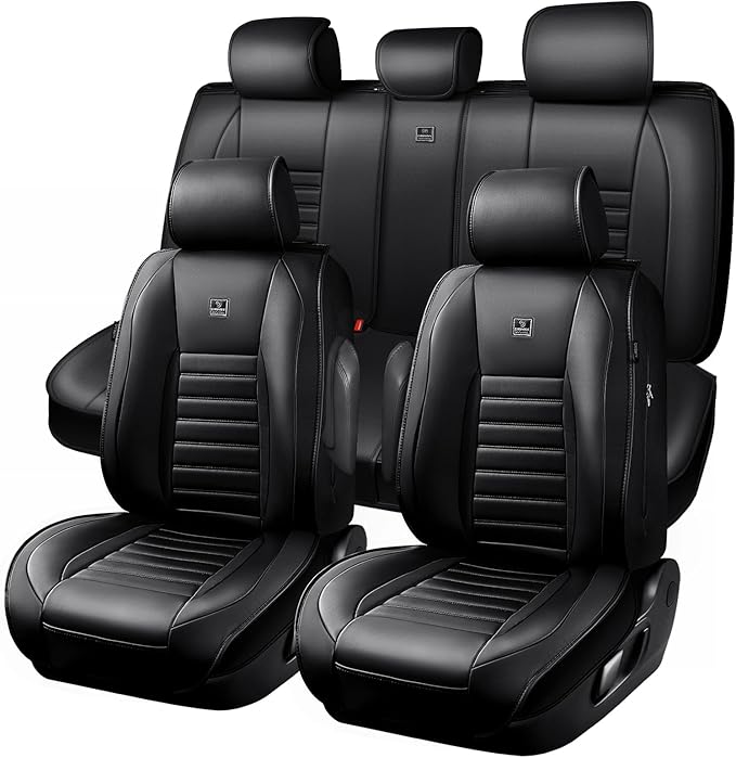 CAR PASS Nappa Leather Car Seat Covers Full Set, Luxury Seat Protector for Cars, Waterproof Anti-Slip Car Seat Cushion Armrest Compatible Airbag Universal for Sedan SUV Pick-up Truck Automotive, Black