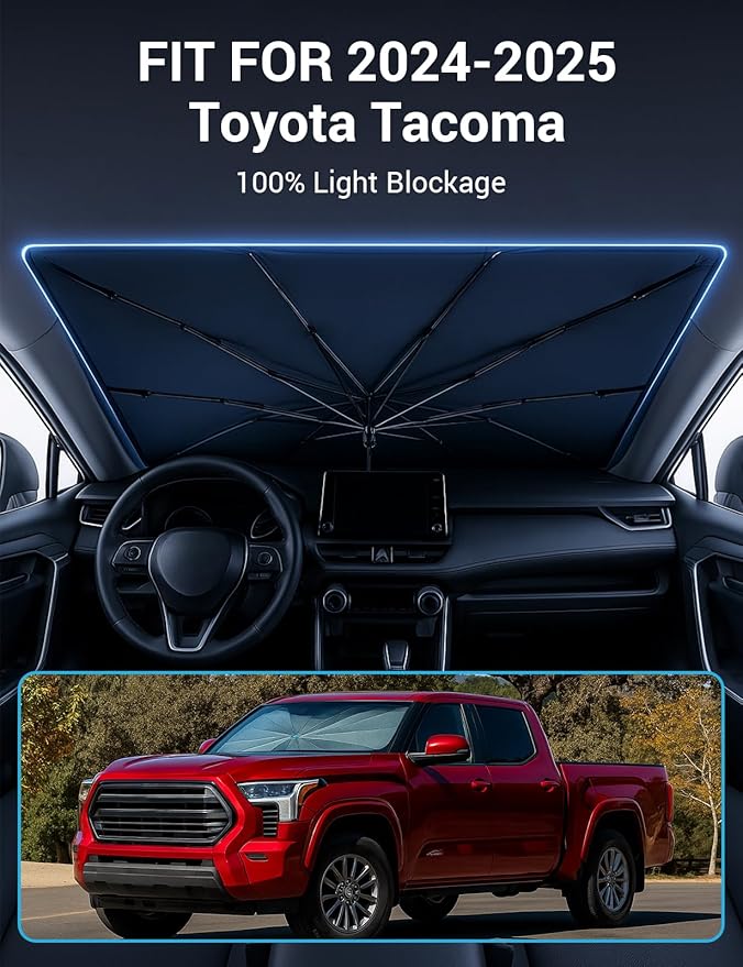 Proadsy Windshield Sun Shade Umbrella for Toyota Tacoma 2024-2025 2026 Foldable Car Umbrella Sunshade with Soft TPU Handle Spring Structure Crystal Cooling Material Protect Car from Rays & Heat