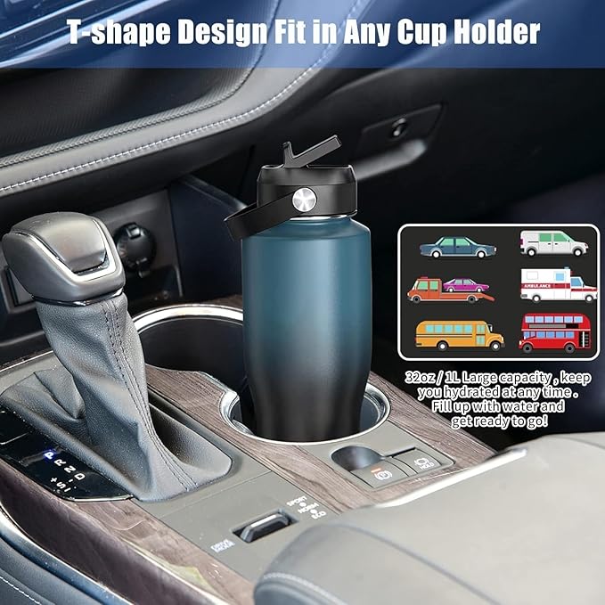 SENDESTAR 32oz Water Bottle Wide Mouth Stainless Steel Vacuum Insulated Double Wall with 2 Straw Lids Fit in Any Car Cup Holder TXIN-32-Dark Green