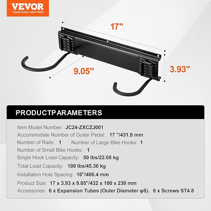 VEVOR Bike Storage Rack, 2 Bike Racks, Wall Mount Bike Storage Hanger, Home and Garage Organizer, Customizable for Various Bike Sizes, Adjustable Holder for Space Saving, Holds Up to 100 lbs, 17-inch