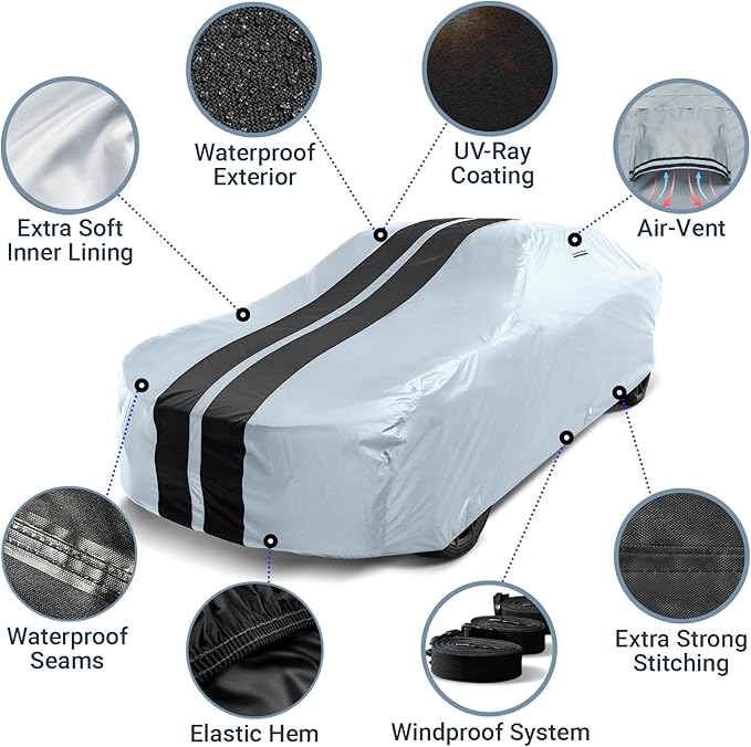 iCarCover Custom Car Cover for Chevy Metro (1998-2000) Waterproof All Weather Rain Snow UV Sun Protector Full Exterior Indoor Outdoor Car Cover (Stripe - Gray/Black)