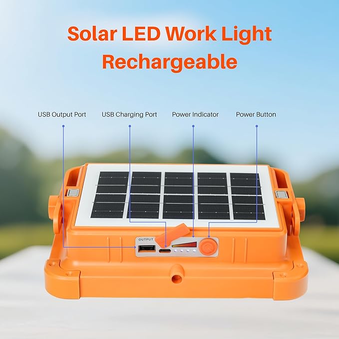 LED Solar Work Light with Magnetic, 5 Lighting Modes, IP66 Waterproof, Long Runtime, Portable Rechargeable Outdoor Working Light for Repair, Job Site, Camping, Emergency, Power Cut