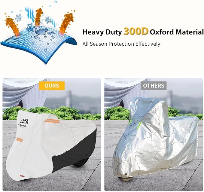 Coverado Motorcycle Cover Waterproof, All Weather Protection Outdoor Full Motorcycle Covers - UV Proof with Flame Retardant Fabric Fit for Harley Davidsion Yamaha Honda Suzuki (up to 83" Motors)