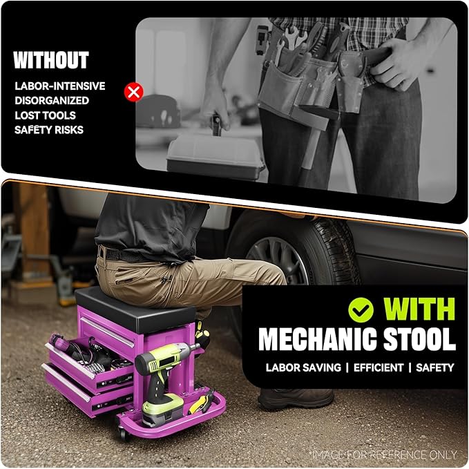 Auto Dynasty 3-Drawer Mechanic Rolling Seat, 350 LBS Capacity Roller Garage Shop Seat with Storage Tool Tray for Workshop, Repair Shop, Warehouse, Purple