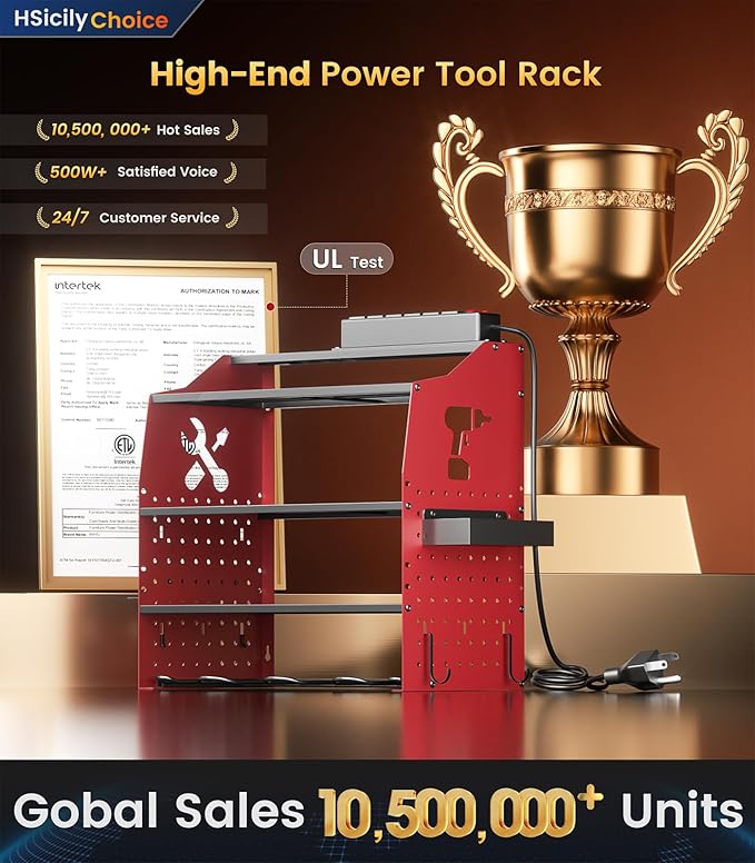 𝟐𝟎𝟐𝟓 𝐔𝐩𝐠𝐫𝐚𝐝𝐞𝐝 Power Tool Organizer Wall Mount with Charging Station [5-Layer Loads 220lbs Heavy Duty] Metal Tool Storage Rack Drill Holder,Battery Utility Rack Loads with 6 Power Strip